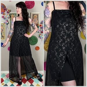 Vintage Y2K Black and Silver Glitter Sheer Mesh Slip Dress